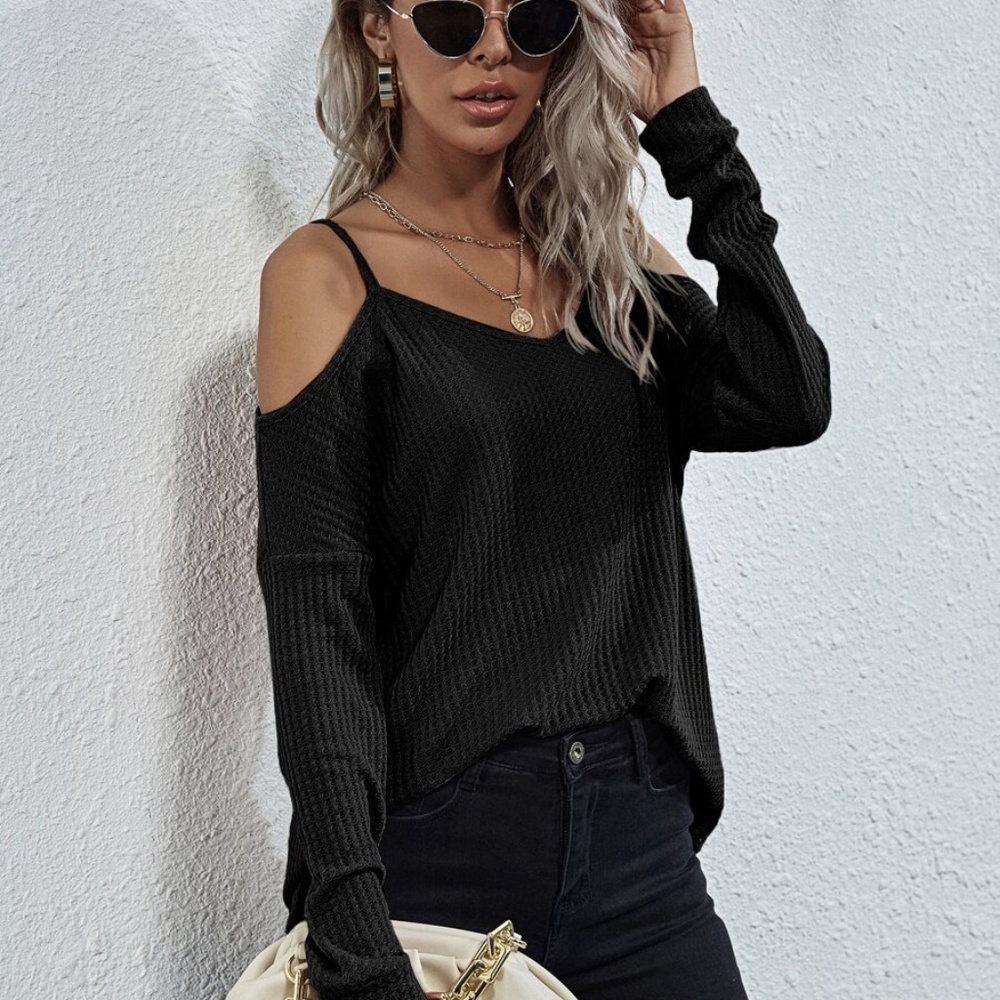 Boho Pink off shoulder waffle long sleeve knit top - Picture 11 of 16